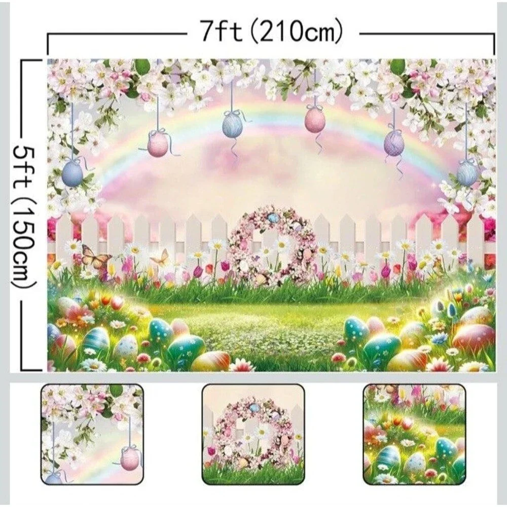 Spring Easter Backdrop Easter Eggs Fence Rainbow Floral Spring Garden Theme...